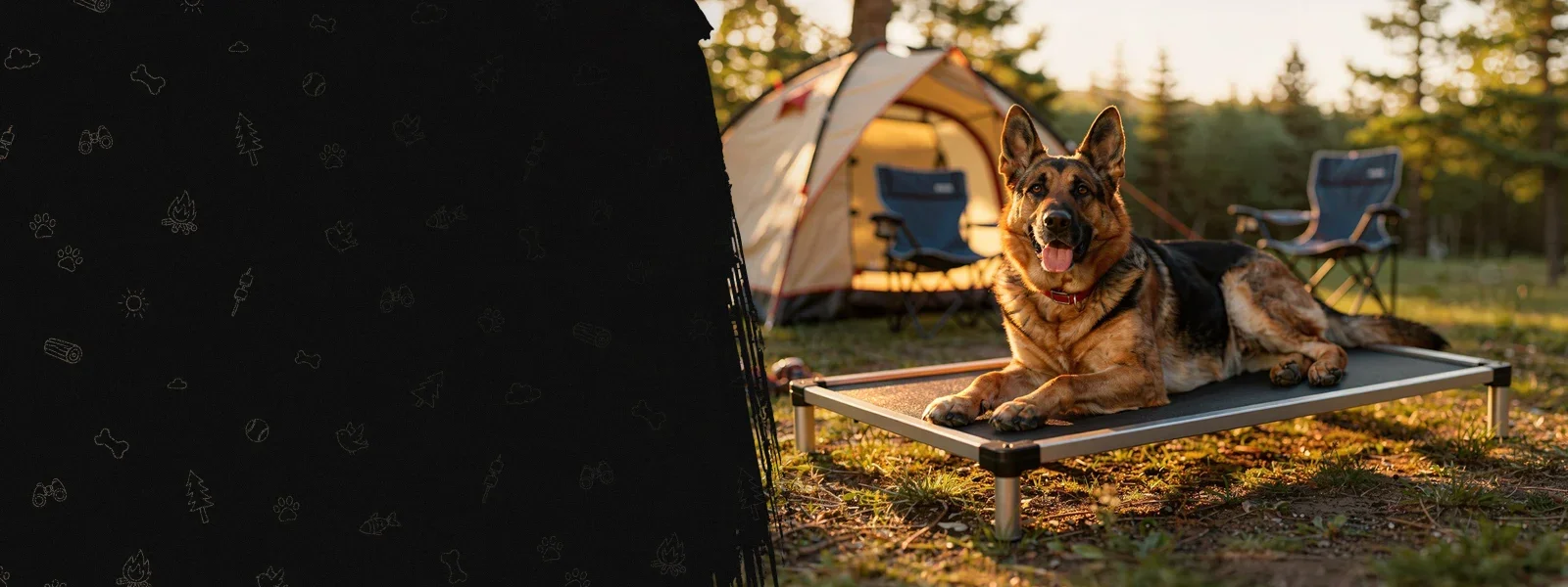 A german shepherd lies on a black mesh bed in front of a tent outside in a mountain forest setting near sunset